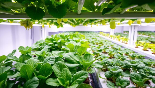 Kebun tanaman hidroponik yang subur dengan berbagai jenis sayuran hijau