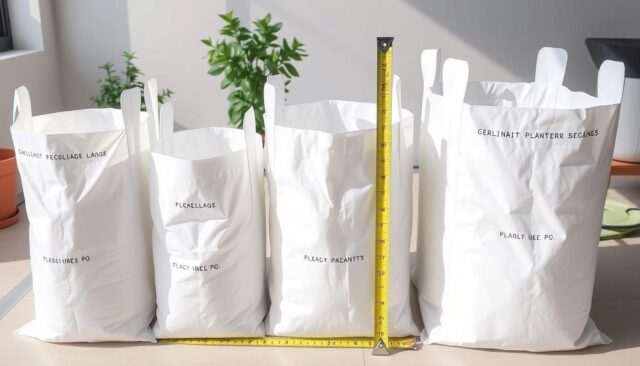 Berbagai ukuran planter bag dengan label kapasitas yang jelas Berbagai ukuran planter bag dengan label kapasitas yang jelas