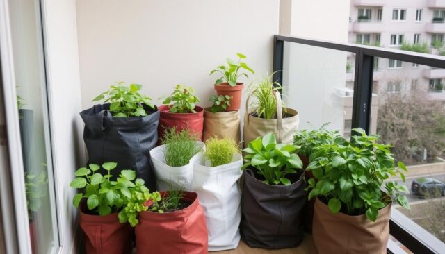 Berbagai-ukuran-planter-bag-dengan-tanaman-yang-tumbuh-subur-di-balkon-apartemen Berbagai ukuran planter bag dengan tanaman yang tumbuh subur di balkon apartemen