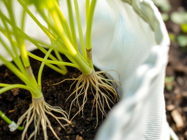 Close-up akar tanaman yang sehat dalam planter bag dengan sirkulasi udara baik Close-up akar tanaman yang sehat dalam planter bag dengan sirkulasi udara baik