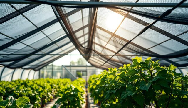 Jaring Paranet diaplikasikan pada greenhouse untuk melindungi tanaman dari sinar matahari berlebih