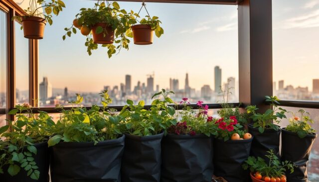 Kebun urban yang indah menggunakan berbagai ukuran planter bag di balkon apartemen Kebun urban yang indah menggunakan berbagai ukuran planter bag di balkon apartemen