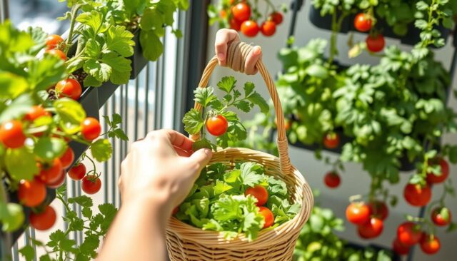 Panen sayuran segar dari kebun vertikal balkon 1 meter Panen sayuran segar dari kebun vertikal balkon 1 meter