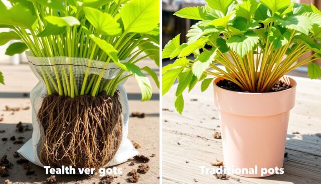 Perbandingan visual antara planter bag dan pot tradisional dengan tanaman yang sama Perbandingan visual antara planter bag dan pot tradisional dengan tanaman yang sama