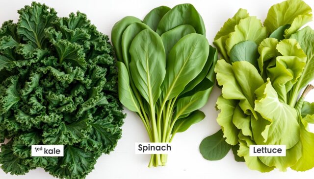 Perbandingan visual bentuk daun kale dengan bayam dan selada