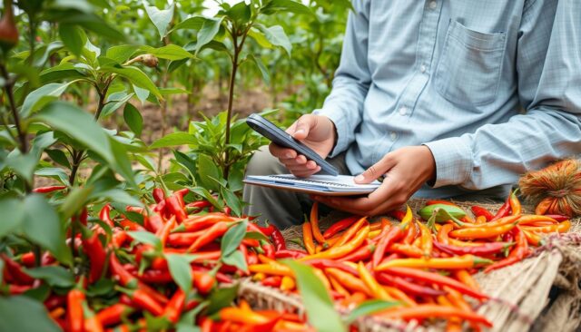 Petani cabai rawit merah sedang menghitung hasil panen