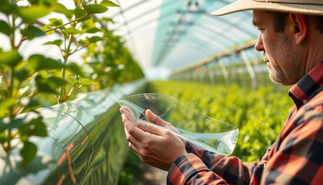 Petani memeriksa kualitas plastik UV greenhouse sebelum pembelian