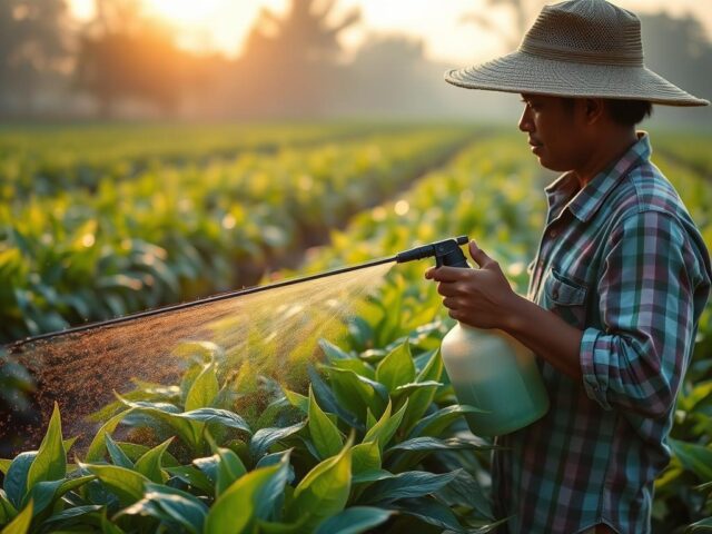 Petani menyemprotkan pestisida nabati di pagi hari