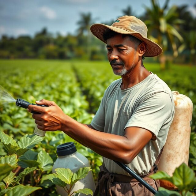 Petani menyemprotkan pestisida nabati tanpa alat pelindung khusus