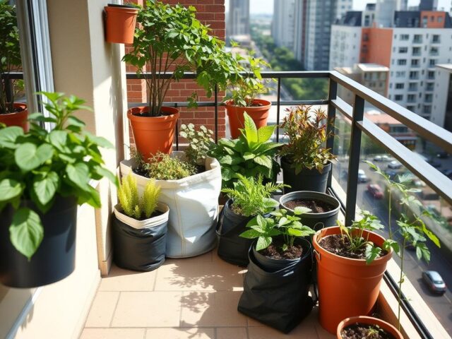 Planter bag berbagai ukuran ditata rapi di balkon sempit Planter bag berbagai ukuran ditata rapi di balkon sempit