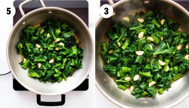 Proses memasak tumis kale dengan bawang putih dalam wajan