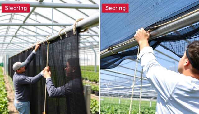 Proses pemasangan Jaring Paranet pada struktur greenhouse