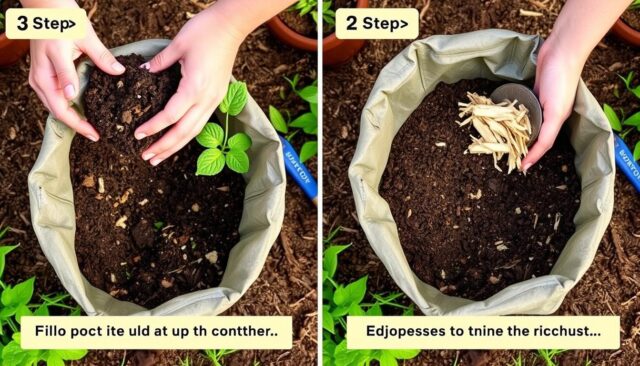 Proses pengisian planter bag dengan media tanam yang tepat Proses pengisian planter bag dengan media tanam yang tepat