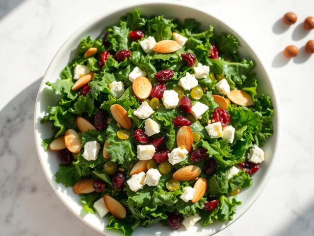 Salad kale segar dengan tambahan buah dan kacang-kacangan