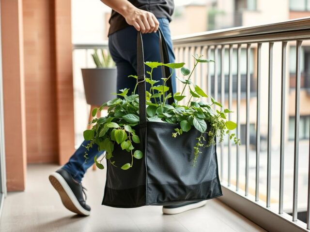 Seseorang dengan mudah memindahkan planter bag berisi tanaman Seseorang dengan mudah memindahkan planter bag berisi tanaman