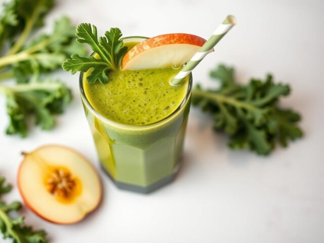Smoothie hijau dengan kale, apel, dan lemon