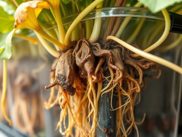 Akar tanaman hidroponik yang buruk menyebabkan daun kuning