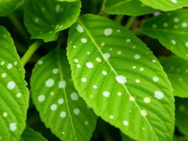 Bintik-bintik putih pada daun tanaman hidroponik akibat serangan thrips Bintik-bintik putih pada daun tanaman hidroponik akibat serangan thrips