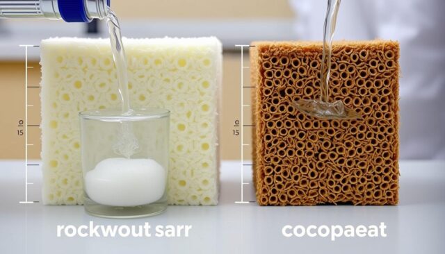 Demonstrasi daya serap air Rockwool dan Cocopeat dalam sistem hidroponik Demonstrasi daya serap air Rockwool dan Cocopeat dalam sistem hidroponik