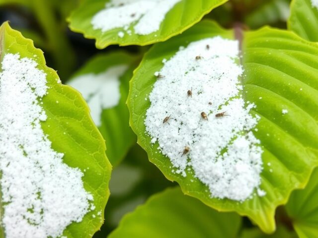 Lapisan putih seperti tepung pada daun tanaman hidroponik akibat serangan kutu kebul Lapisan putih seperti tepung pada daun tanaman hidroponik akibat serangan kutu kebul