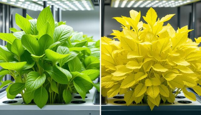 Perbandingan tanaman hidroponik sehat dan tanaman dengan daun kuning di hidroponik
