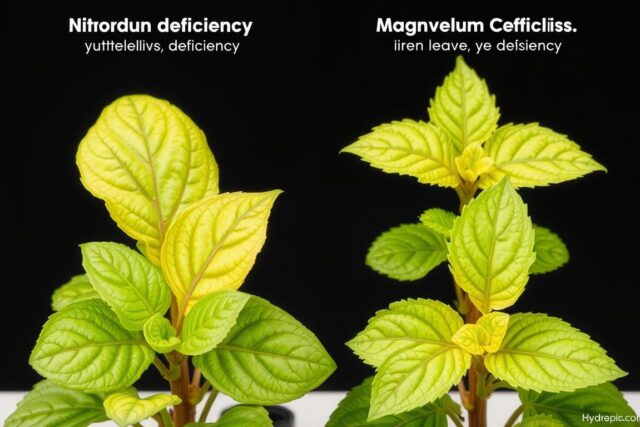 Perbedaan visual kekurangan nitrogen, magnesium, dan besi pada daun tanaman hidroponik