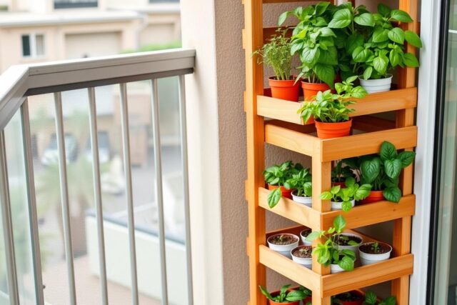 Rak vertikal untuk urban farming di balkon dengan berbagai tanaman sayuran