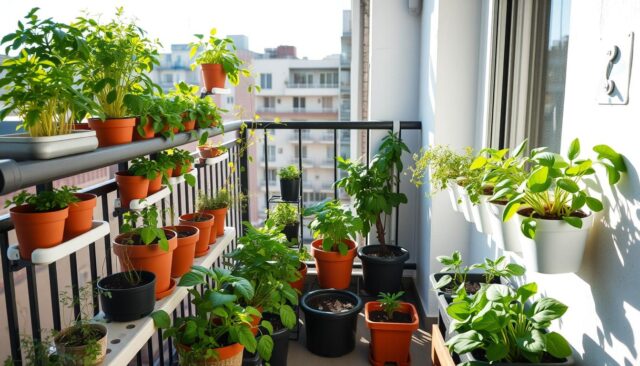 Setup urban farming di balkon apartemen dengan berbagai tanaman sayuran dalam pot