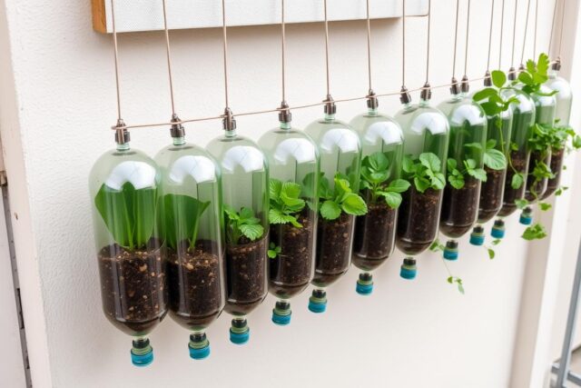 Sistem botol bekas vertikal untuk urban farming di balkon