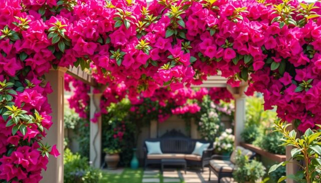 Taman rumah yang dihiasi bunga bugenvil merambat pada pergola Taman rumah yang dihiasi bunga bugenvil merambat pada pergola