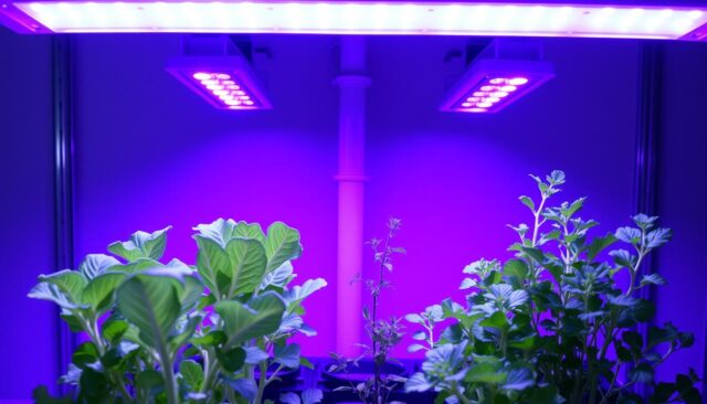 Tanaman hidroponik dengan pencahayaan grow light LED Tanaman hidroponik dengan pencahayaan grow light LED