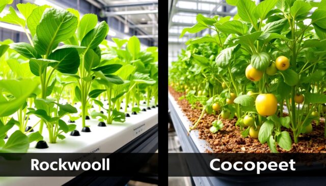 Tanaman sayuran yang tumbuh dalam sistem hidroponik menggunakan media Rockwool dan Cocopeat Tanaman sayuran yang tumbuh dalam sistem hidroponik menggunakan media Rockwool dan Cocopeat